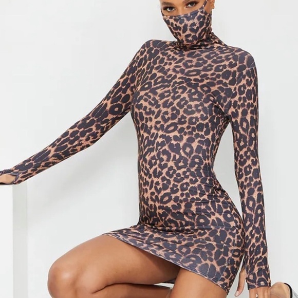 Tan Leopard Print Long Sleeve  Mask Bodycon Dress - Picture 1 of 3
